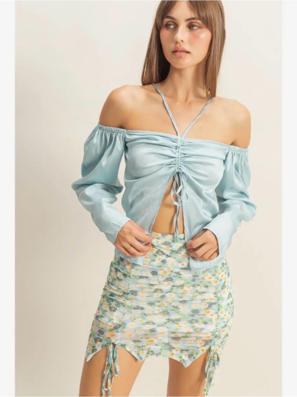 HYFVE Powder Blue Satin Tie Front Off Shoulder Top Medium NWT
